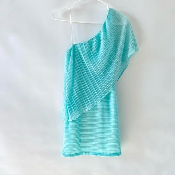 NWT Windsor Sparkly Glitter One Shoulder Sheer Flounce Bodycon Mini Dress Mint 2 - Picture 4 of 14